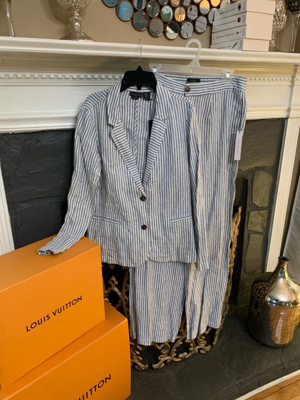 Striped Linen Blend Women’s blazer & Trouser Set - Blue/White